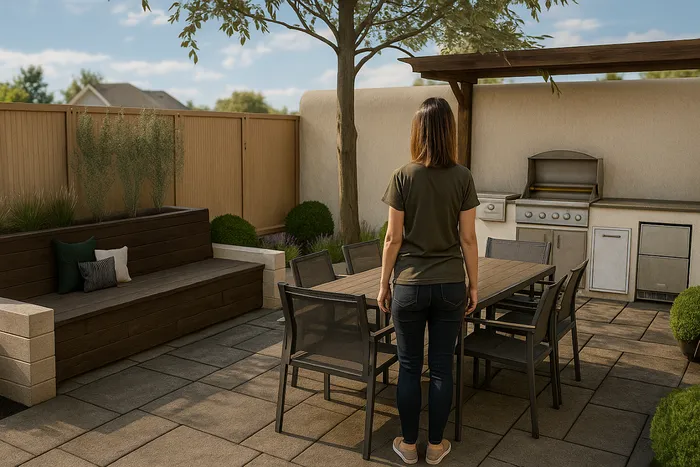 Design view of an outdoor kitchen with wood pergola, bar and flagstone patio