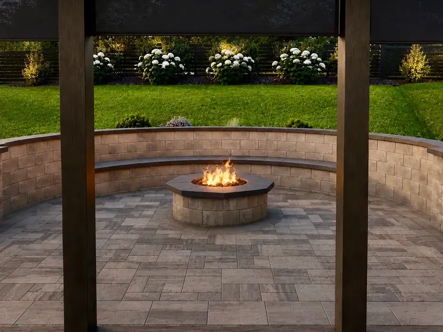 Night 3D design of a fire pit terrace with curved seating wall and fire bowls on pillars
