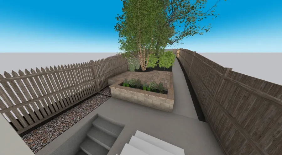 Approved 3D design of a retaining wall and integrated paver patio for a narrow city backyard