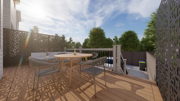 Design view of a new elevated deck with dining area and privacy screens