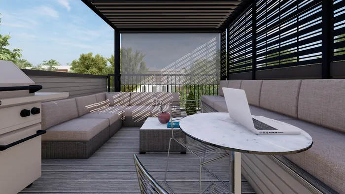 Design view of a covered terrace with retractable screens, privacy screening and a custom wood bench