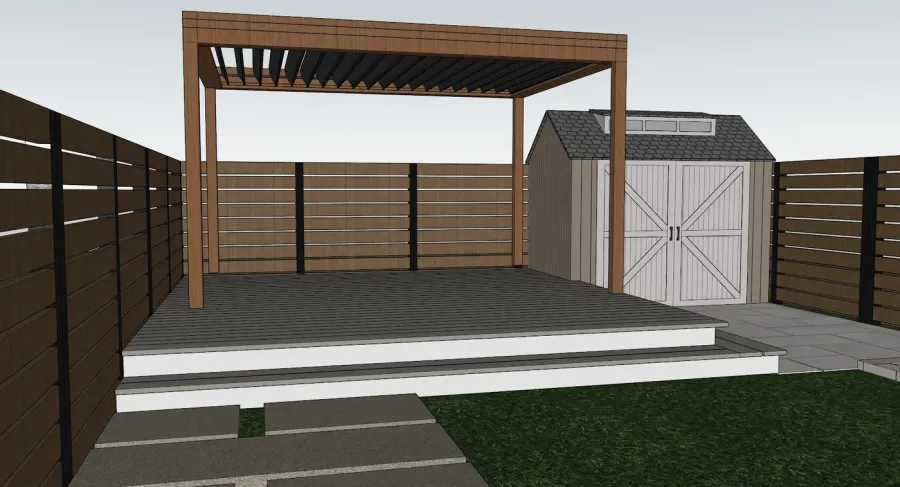 Approved 3D landscape design showing the proposed pergola, shed, stepping-stone path and turf lawn