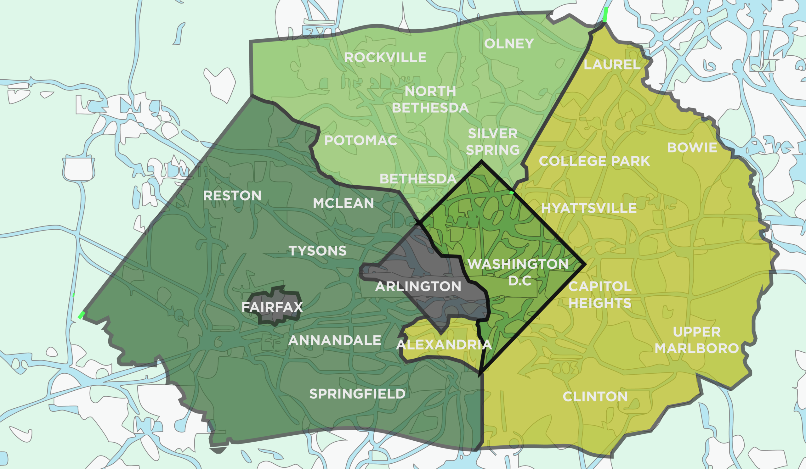 Service area coverage map highlighting regions served by Jared Next Day Landscaping, including surrounding counties.