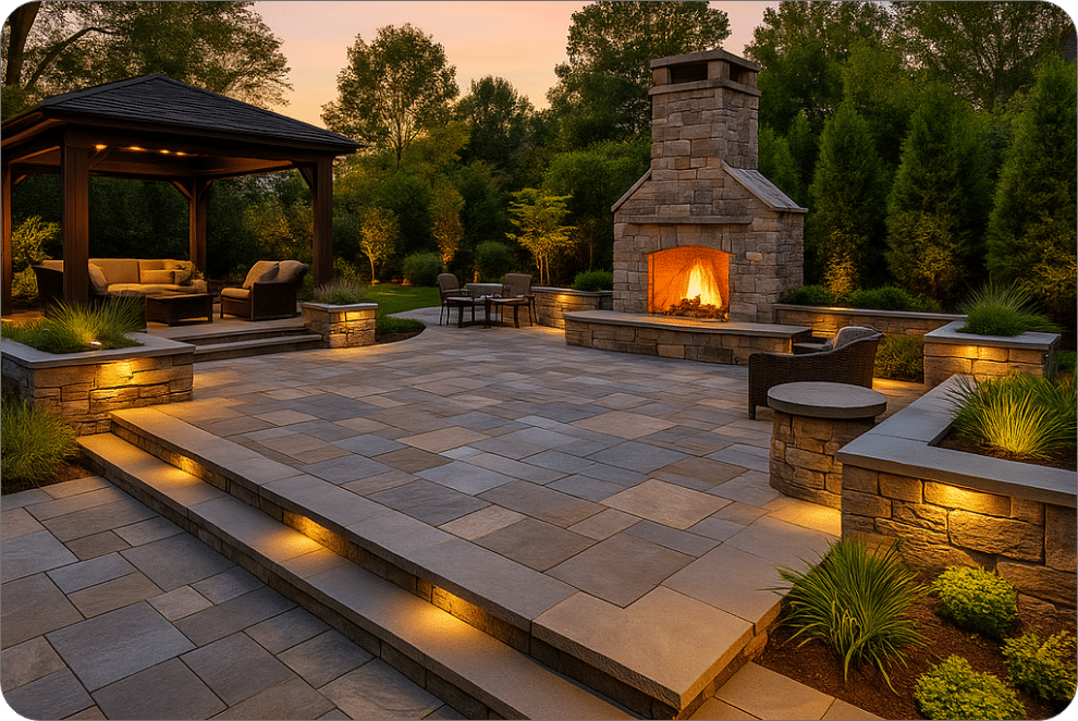 Luxury patio with outdoor fireplace and custom lighting design